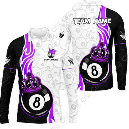 Customized Billiards Long Sleeve Polo Shirt, Personalized 8 Ball Pool Crown Billiard Jersey Gift For Billiard Players