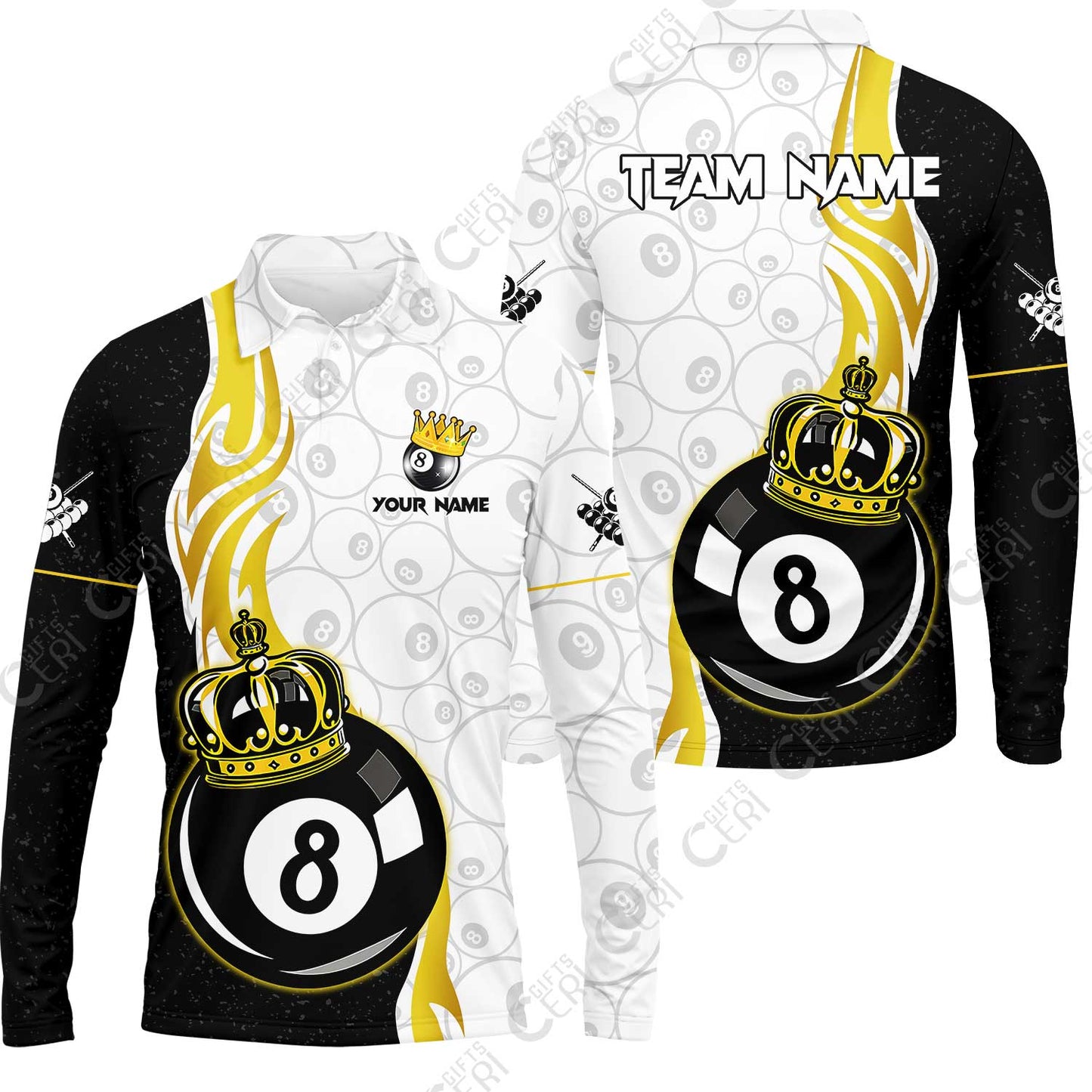 Customized Billiards Long Sleeve Polo Shirt, Personalized 8 Ball Pool Crown Billiard Jersey Gift For Billiard Players