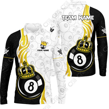 Customized Billiards Long Sleeve Polo Shirt, Personalized 8 Ball Pool Crown Billiard Jersey Gift For Billiard Players
