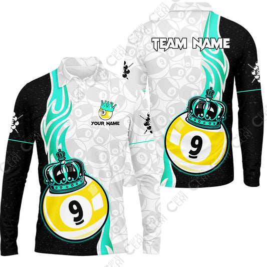 Customized Billiards Long Sleeve Polo Shirt, Personalized 9 Ball Pool Crown Billiard Jersey Gift For Billiard Players