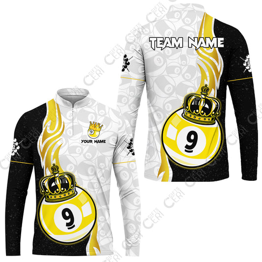 Customized Billiards Stand Collar Quarter-Zip Long Sleeve Jersey, Personalized 9 Ball Pool Crown Billiard Jersey