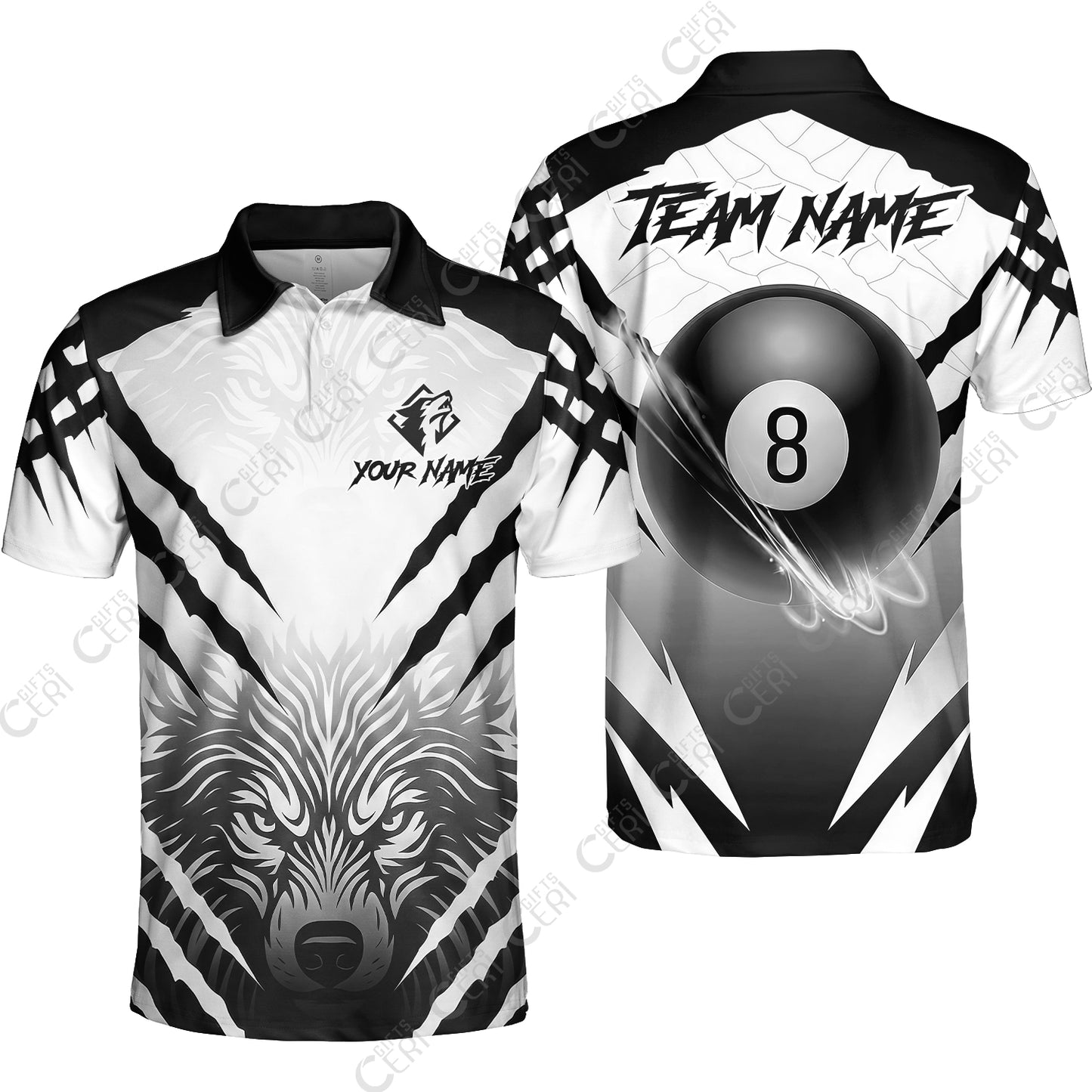 Customized Billiards Unisex Polo Shirt, Personalized 8 Ball Wolf Scratch Pattern Billiard Jersey Gift For Billiard Players