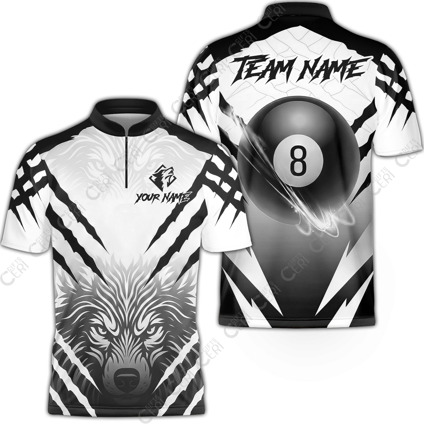 Customized Billiards Stand Collar Quarter-Zip Short Sleeve Jersey, Personalized 8 Ball Wolf Scratch Pattern Billiard Jersey