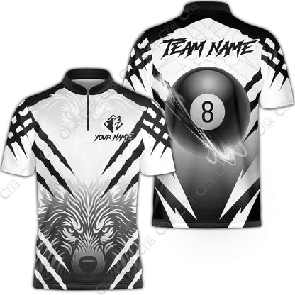 Customized Billiards Stand Collar Quarter-Zip Short Sleeve Jersey, Personalized 8 Ball Wolf Scratch Pattern Billiard Jersey