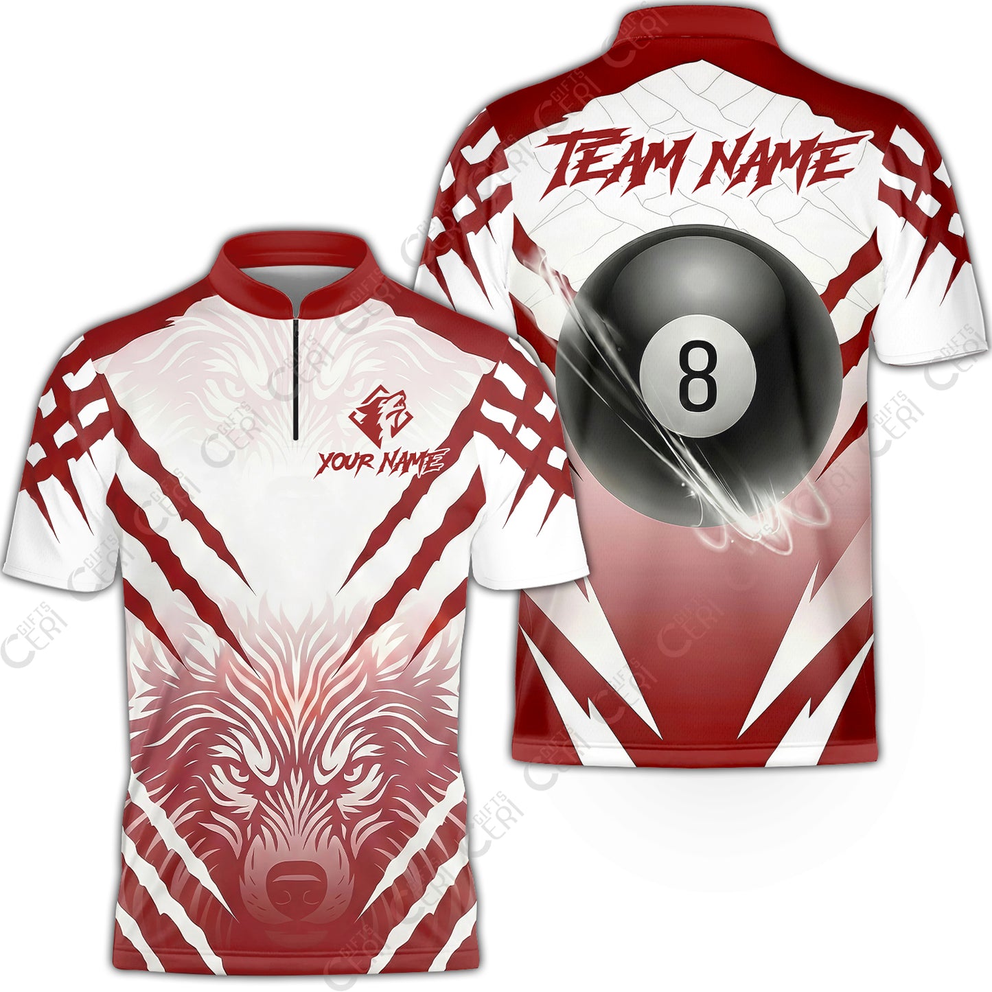 Customized Billiards Stand Collar Quarter-Zip Short Sleeve Jersey, Personalized 8 Ball Wolf Scratch Pattern Billiard Jersey