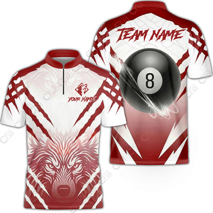 Customized Billiards Stand Collar Quarter-Zip Short Sleeve Jersey, Personalized 8 Ball Wolf Scratch Pattern Billiard Jersey
