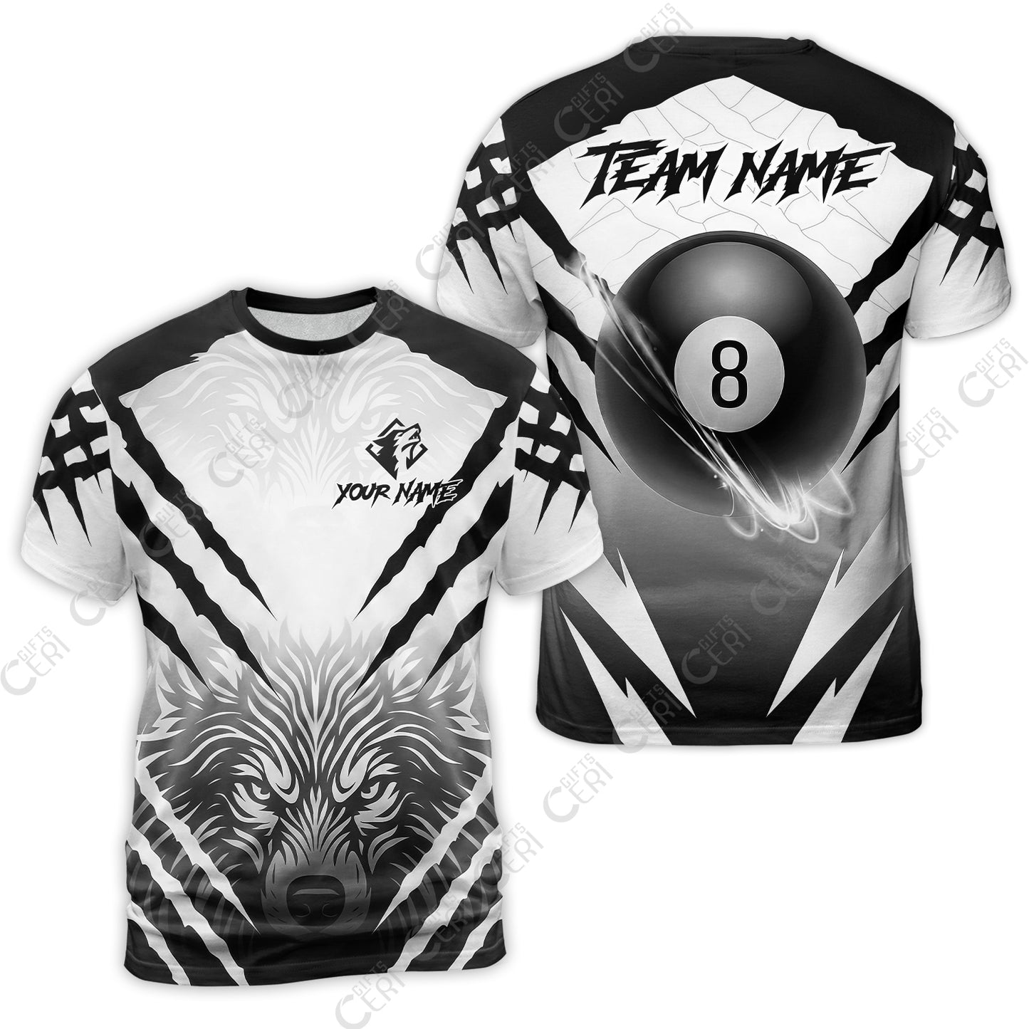 Customized Billiards T-Shirt, Personalized 8 Ball Wolf Scratch Pattern Billiard Jersey Gift For Billiard Players