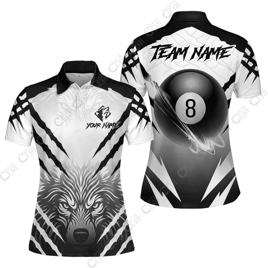 Customized Billiards Women Polo Shirt, Personalized 8 Ball Wolf Scratch Pattern Billiard Jersey Gift For Billiard Players