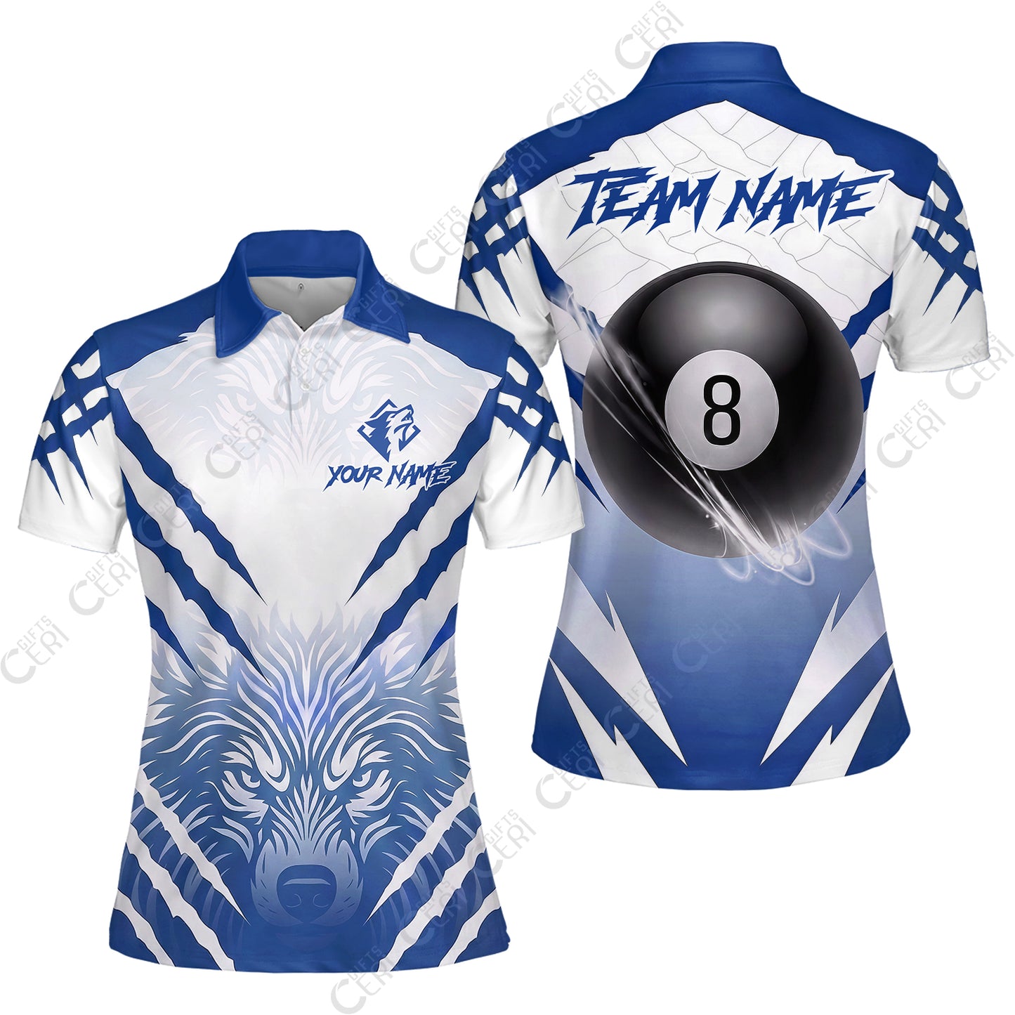 Customized Billiards Women Polo Shirt, Personalized 8 Ball Wolf Scratch Pattern Billiard Jersey Gift For Billiard Players