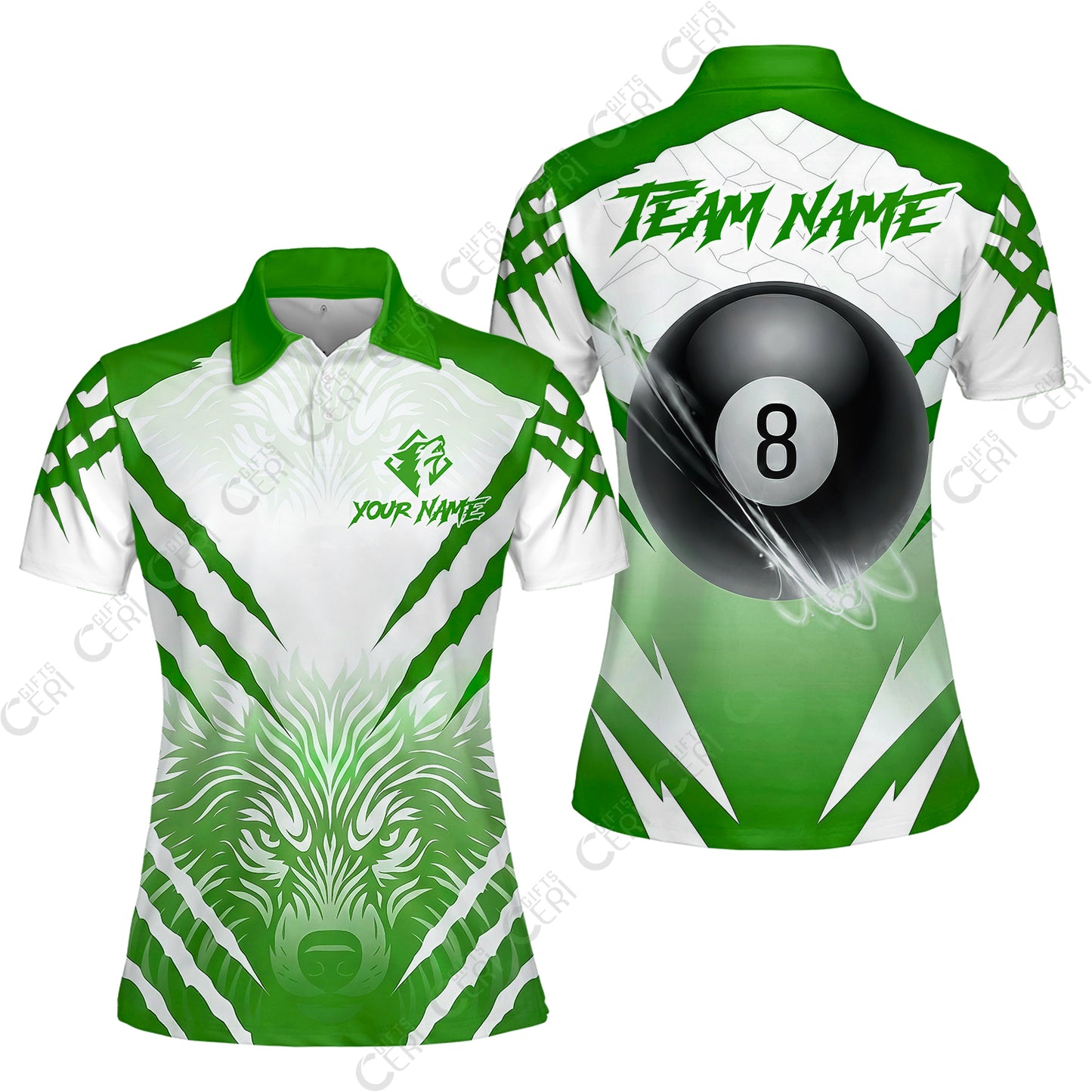 Customized Billiards Women Polo Shirt, Personalized 8 Ball Wolf Scratch Pattern Billiard Jersey Gift For Billiard Players