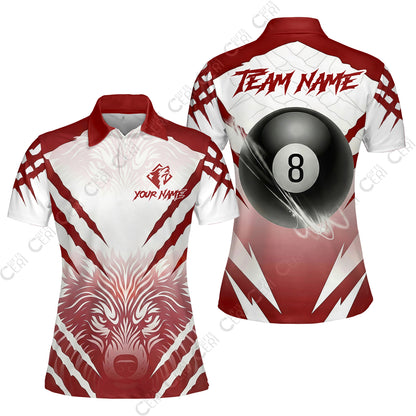 Customized Billiards Women Polo Shirt, Personalized 8 Ball Wolf Scratch Pattern Billiard Jersey Gift For Billiard Players