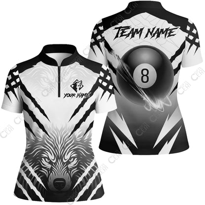 Customized Billiards Stand Collar Quarter Zip Short Sleeve Women's Shirt, 8 Ball Wolf Scratch Pattern Billiard Jersey