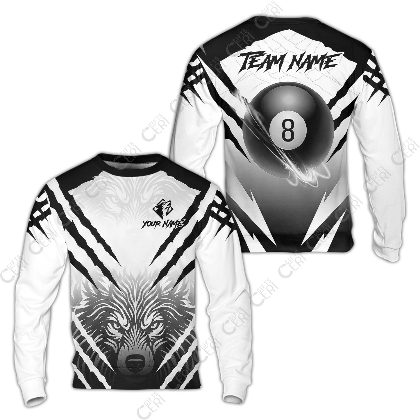 Customized Billiards Sweatshirt, Personalized 8 Ball Wolf Scratch Pattern Billiard Jersey Gift For Billiard Players
