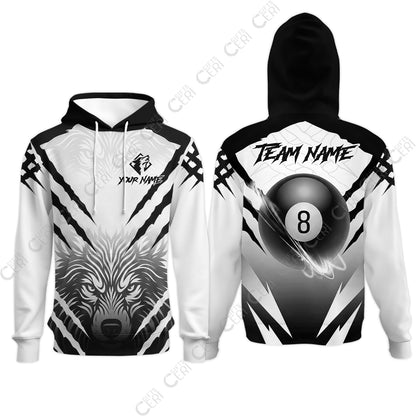 Customized Billiards Hoodies, Personalized 8 Ball Wolf Scratch Pattern Billiard Jersey Gift For Billiard Players