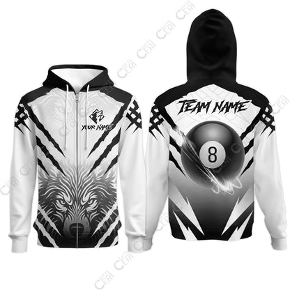 Customized Billiards Zip Hoodies, Personalized 8 Ball Wolf Scratch Pattern Billiard Jersey Gift For Billiard Players