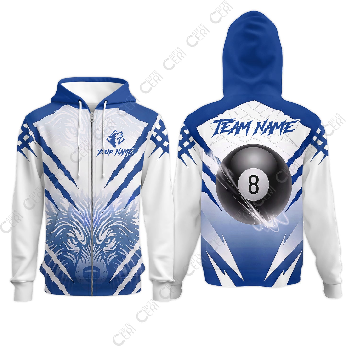 Customized Billiards Zip Hoodies, Personalized 8 Ball Wolf Scratch Pattern Billiard Jersey Gift For Billiard Players