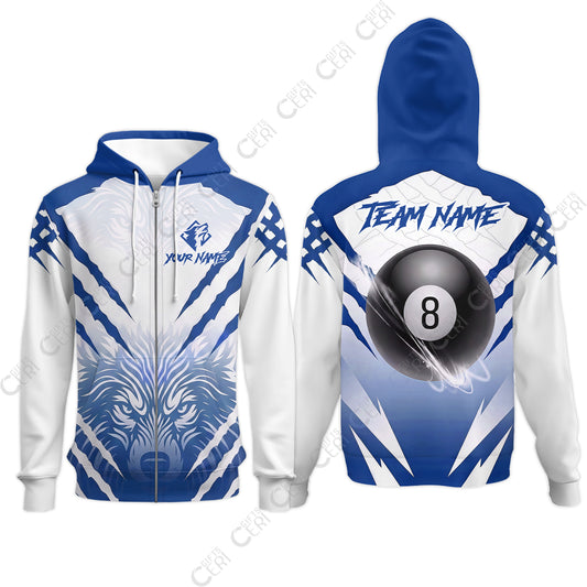 Customized Billiards Zip Hoodies, Personalized 8 Ball Wolf Scratch Pattern Billiard Jersey Gift For Billiard Players
