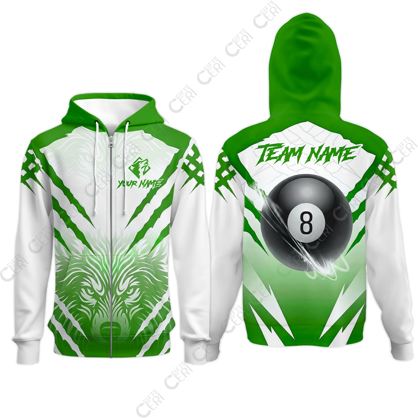 Customized Billiards Zip Hoodies, Personalized 8 Ball Wolf Scratch Pattern Billiard Jersey Gift For Billiard Players