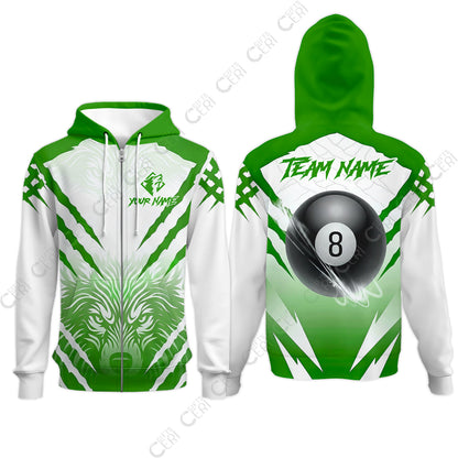 Customized Billiards Zip Hoodies, Personalized 8 Ball Wolf Scratch Pattern Billiard Jersey Gift For Billiard Players