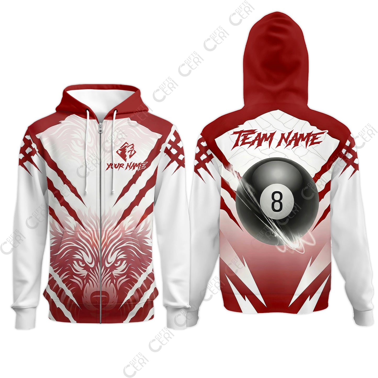 Customized Billiards Zip Hoodies, Personalized 8 Ball Wolf Scratch Pattern Billiard Jersey Gift For Billiard Players