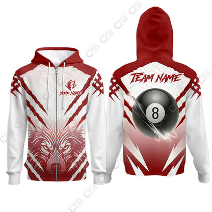 Customized Billiards Zip Hoodies, Personalized 8 Ball Wolf Scratch Pattern Billiard Jersey Gift For Billiard Players