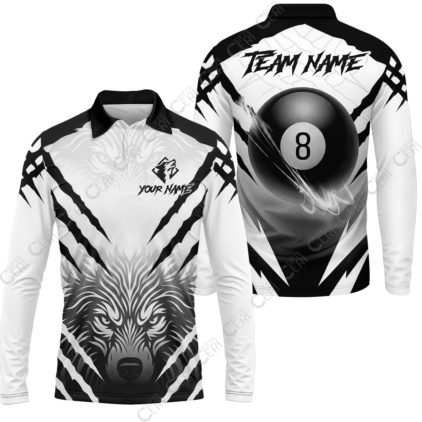 Customized Billiards Long Sleeve Polo Shirt, 8 Ball Wolf Scratch Pattern Billiard Jersey Gift For Billiard Players