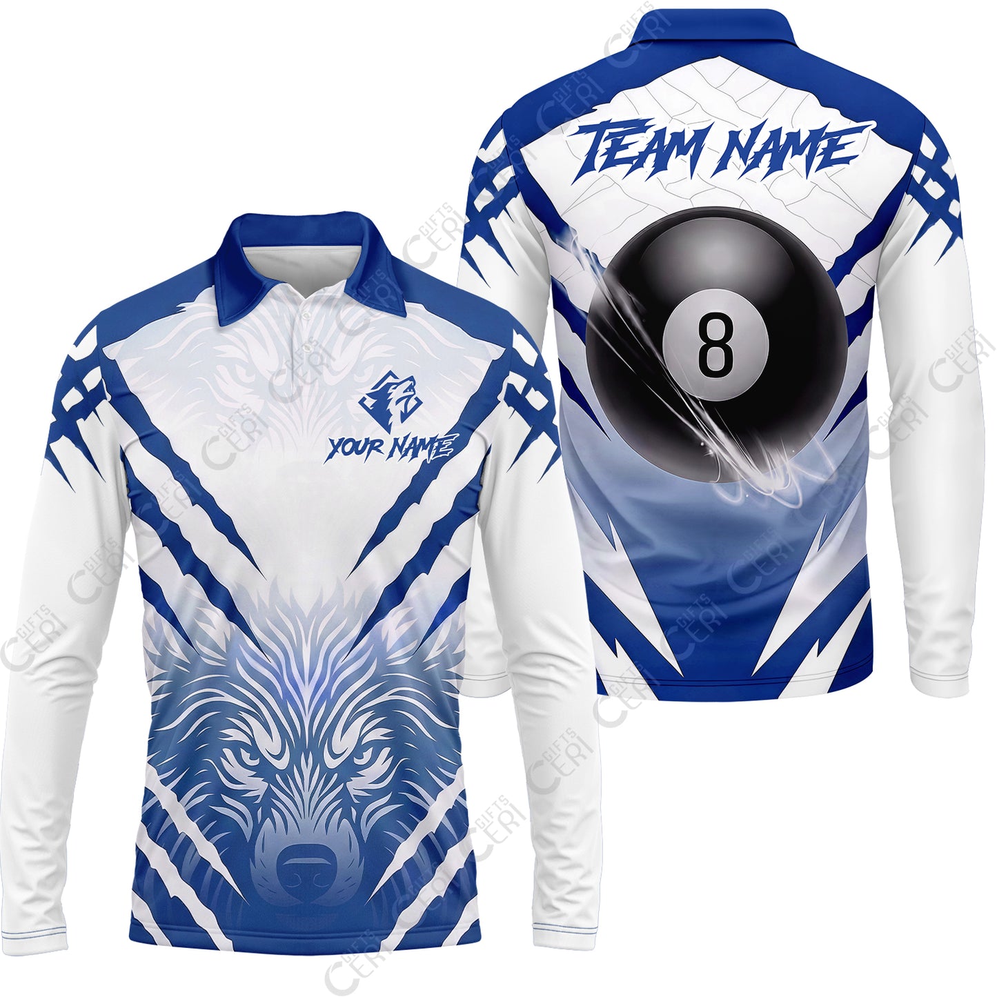 Customized Billiards Long Sleeve Polo Shirt, 8 Ball Wolf Scratch Pattern Billiard Jersey Gift For Billiard Players