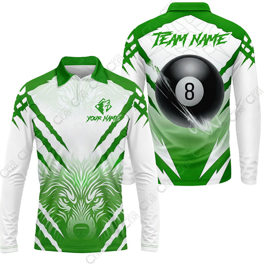 Customized Billiards Long Sleeve Polo Shirt, 8 Ball Wolf Scratch Pattern Billiard Jersey Gift For Billiard Players