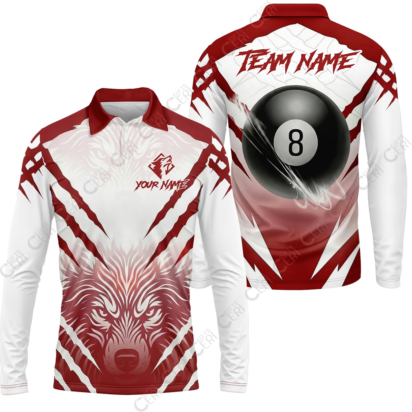 Customized Billiards Long Sleeve Polo Shirt, 8 Ball Wolf Scratch Pattern Billiard Jersey Gift For Billiard Players