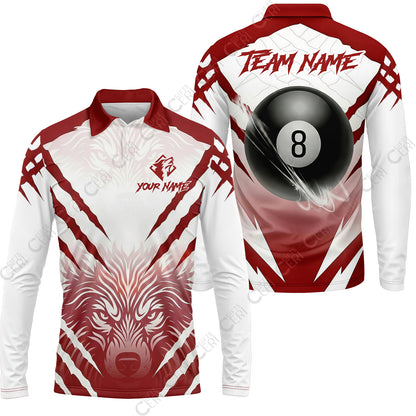 Customized Billiards Long Sleeve Polo Shirt, 8 Ball Wolf Scratch Pattern Billiard Jersey Gift For Billiard Players