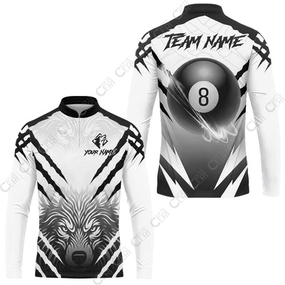 Customized Billiards Stand Collar Quarter-Zip Long Sleeve Jersey, Personalized 8 Ball Wolf Scratch Pattern Billiard Jersey
