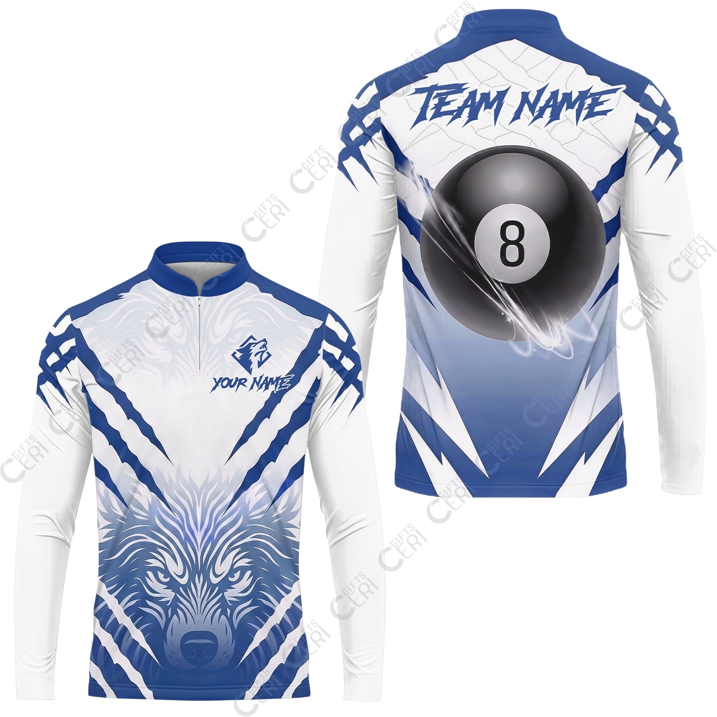 Customized Billiards Stand Collar Quarter-Zip Long Sleeve Jersey, Personalized 8 Ball Wolf Scratch Pattern Billiard Jersey
