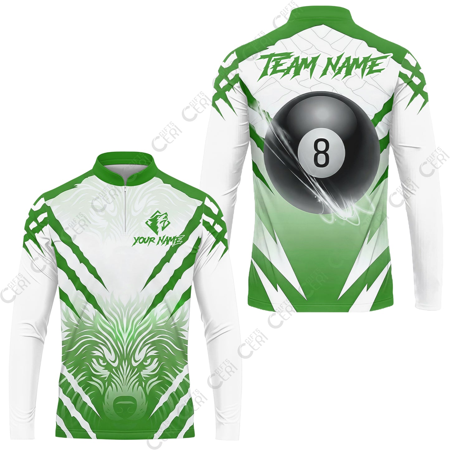 Customized Billiards Stand Collar Quarter-Zip Long Sleeve Jersey, Personalized 8 Ball Wolf Scratch Pattern Billiard Jersey