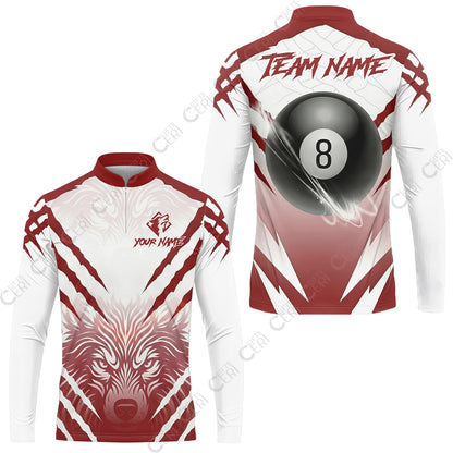 Customized Billiards Stand Collar Quarter-Zip Long Sleeve Jersey, Personalized 8 Ball Wolf Scratch Pattern Billiard Jersey