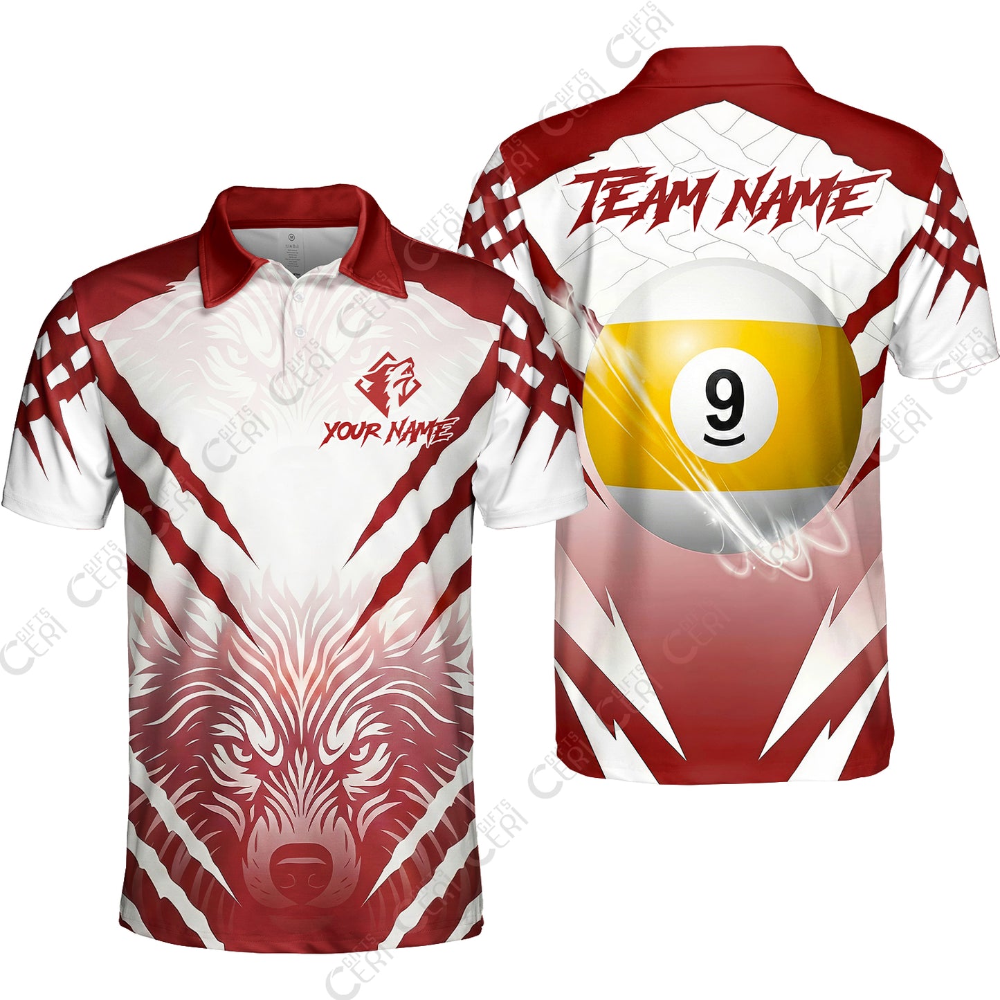 Customized Billiards Unisex Polo Shirt, Personalized 9 Ball Wolf Scratch Pattern Billiard Jersey Gift For Billiard Players