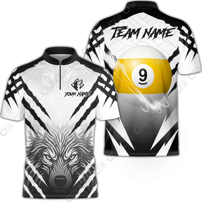Customized Billiards Stand Collar Quarter-Zip Short Sleeve Jersey, Personalized 9 Ball Wolf Scratch Pattern Billiard Jersey