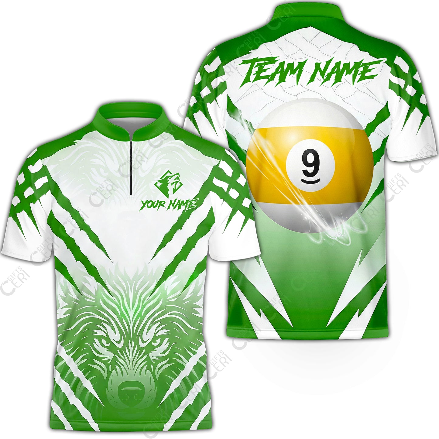 Customized Billiards Stand Collar Quarter-Zip Short Sleeve Jersey, Personalized 9 Ball Wolf Scratch Pattern Billiard Jersey