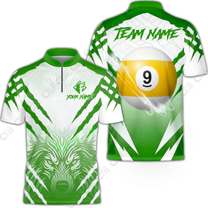 Customized Billiards Stand Collar Quarter-Zip Short Sleeve Jersey, Personalized 9 Ball Wolf Scratch Pattern Billiard Jersey