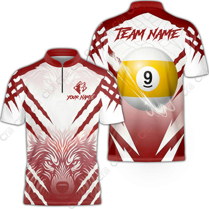 Customized Billiards Stand Collar Quarter-Zip Short Sleeve Jersey, Personalized 9 Ball Wolf Scratch Pattern Billiard Jersey