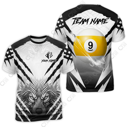 Customized Billiards T-Shirt, Personalized 9 Ball Wolf Scratch Pattern Billiard Jersey Gift For Billiard Players