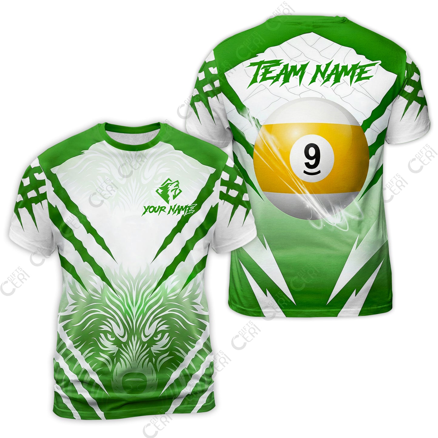 Customized Billiards T-Shirt, Personalized 9 Ball Wolf Scratch Pattern Billiard Jersey Gift For Billiard Players