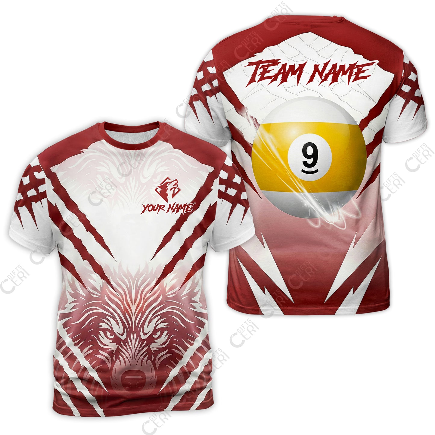 Customized Billiards T-Shirt, Personalized 9 Ball Wolf Scratch Pattern Billiard Jersey Gift For Billiard Players