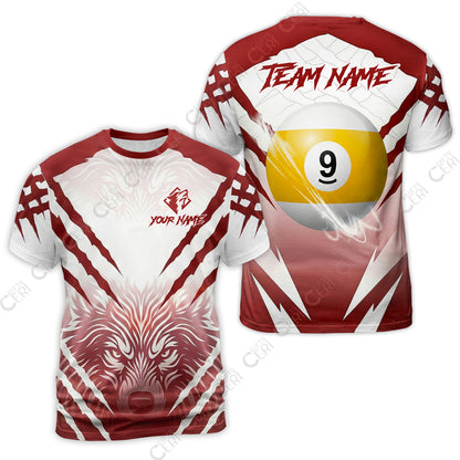 Customized Billiards T-Shirt, Personalized 9 Ball Wolf Scratch Pattern Billiard Jersey Gift For Billiard Players