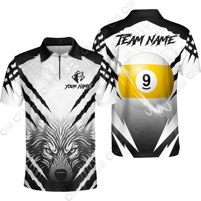 Customized Billiards Quarter-Zip Polo Shirt, 9 Ball Wolf Scratch Pattern Billiard Jersey Gift For Billiard Players