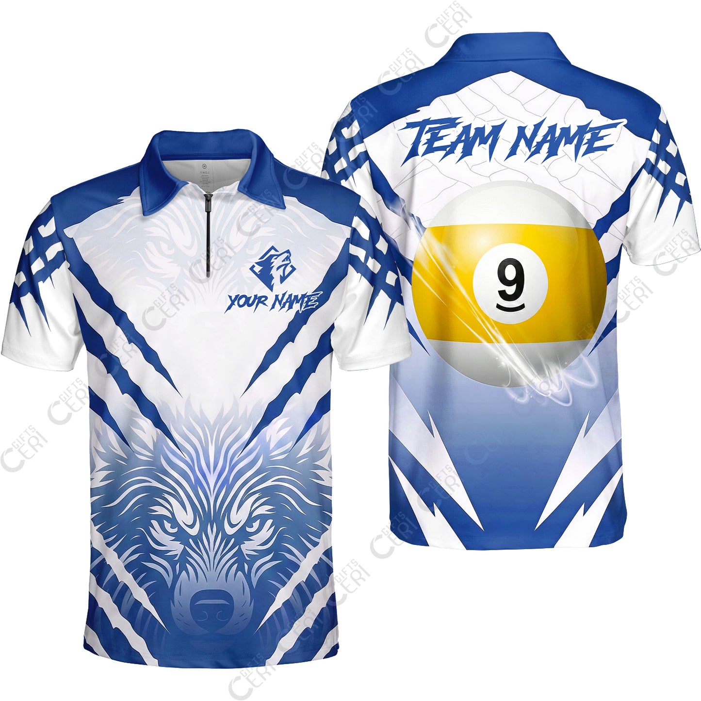 Customized Billiards Quarter-Zip Polo Shirt, 9 Ball Wolf Scratch Pattern Billiard Jersey Gift For Billiard Players