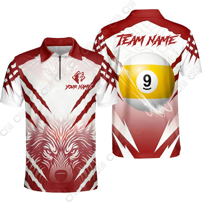 Customized Billiards Quarter-Zip Polo Shirt, 9 Ball Wolf Scratch Pattern Billiard Jersey Gift For Billiard Players