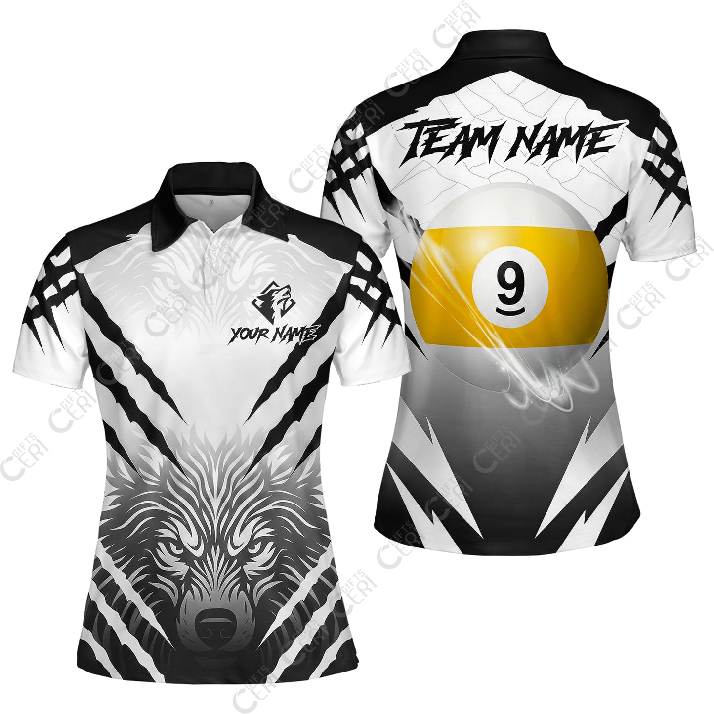 Customized Billiards Women Polo Shirt, Personalized 9 Ball Wolf Scratch Pattern Billiard Jersey Gift For Billiard Players