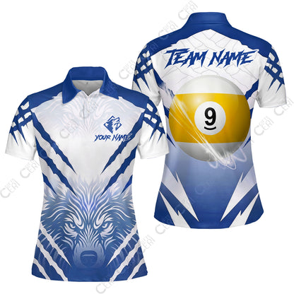 Customized Billiards Women Polo Shirt, Personalized 9 Ball Wolf Scratch Pattern Billiard Jersey Gift For Billiard Players