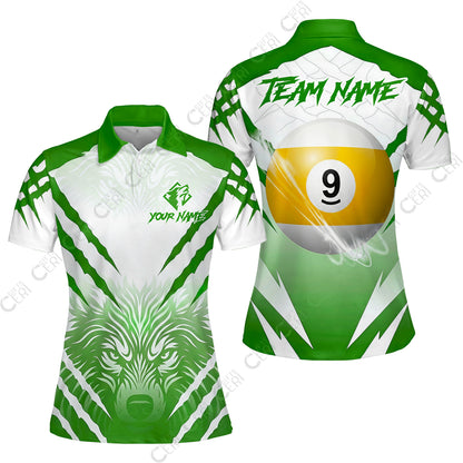 Customized Billiards Women Polo Shirt, Personalized 9 Ball Wolf Scratch Pattern Billiard Jersey Gift For Billiard Players