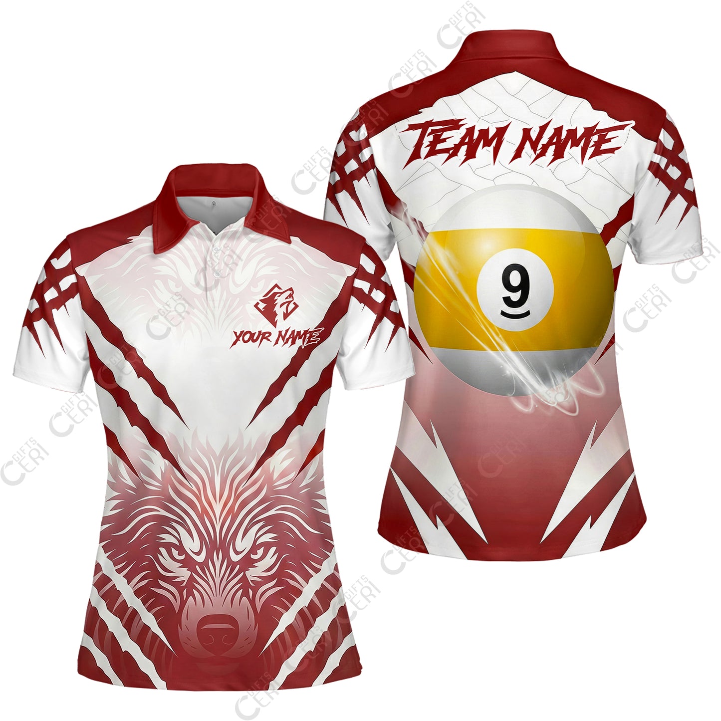 Customized Billiards Women Polo Shirt, Personalized 9 Ball Wolf Scratch Pattern Billiard Jersey Gift For Billiard Players
